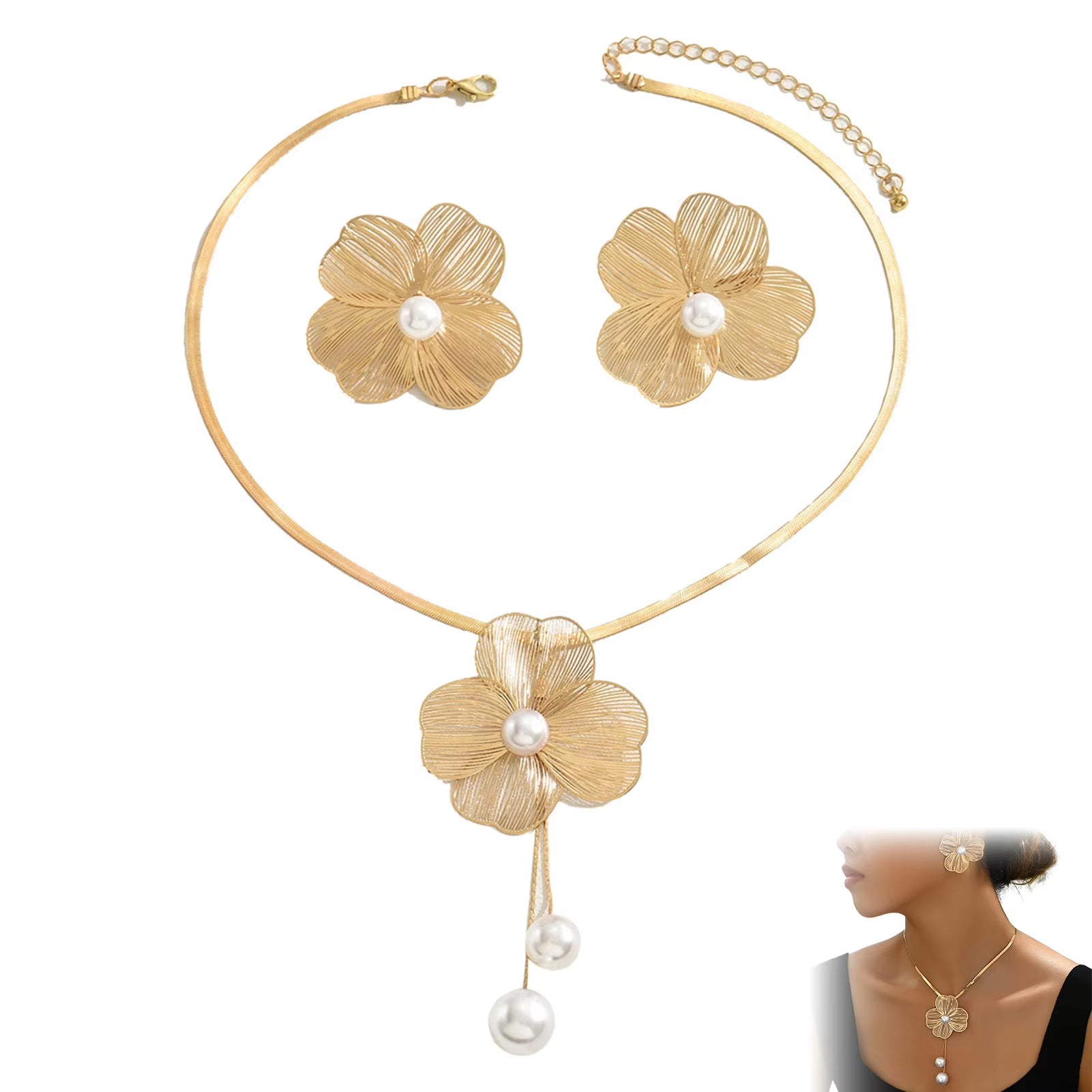 Necklace Earrings Set Elegant Gold Color Flowers Pendant Ladies High-End Inlaid Pearl Clavicle Jewelry Set Decoration.