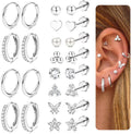 Hypoallergenic Silver Stud Hoop Earrings for Women Men Surgical Stainless Steel Flat Back Earrings Small Silver Cartilage Earring Set for Multiple Piercing Jewelry Gifts for Women