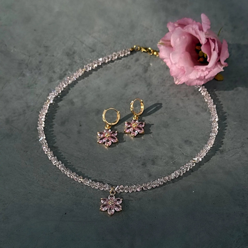 Dainty Pink Flower Pendant Crystal Choker Necklace, Dangle Flower Hoop Earrings Gold 18K Plated, Floral Jewelry Set, Gift for Daughter