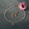 Dainty Pink Flower Pendant Crystal Choker Necklace, Dangle Flower Hoop Earrings Gold 18K Plated, Floral Jewelry Set, Gift for Daughter