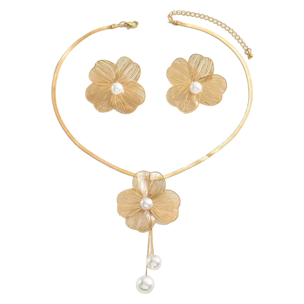 Necklace Earrings Set Elegant Gold Color Flowers Pendant Ladies High-End Inlaid Pearl Clavicle Jewelry Set Decoration.