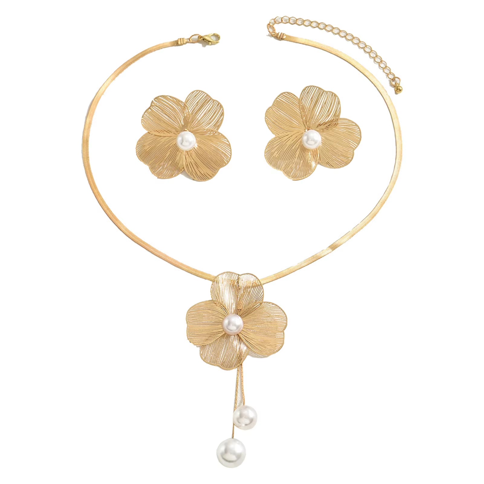 Necklace Earrings Set Elegant Gold Color Flowers Pendant Ladies High-End Inlaid Pearl Clavicle Jewelry Set Decoration.