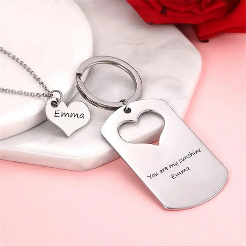 Custom Engraved Mother Daughter Keychain and Necklace Set
