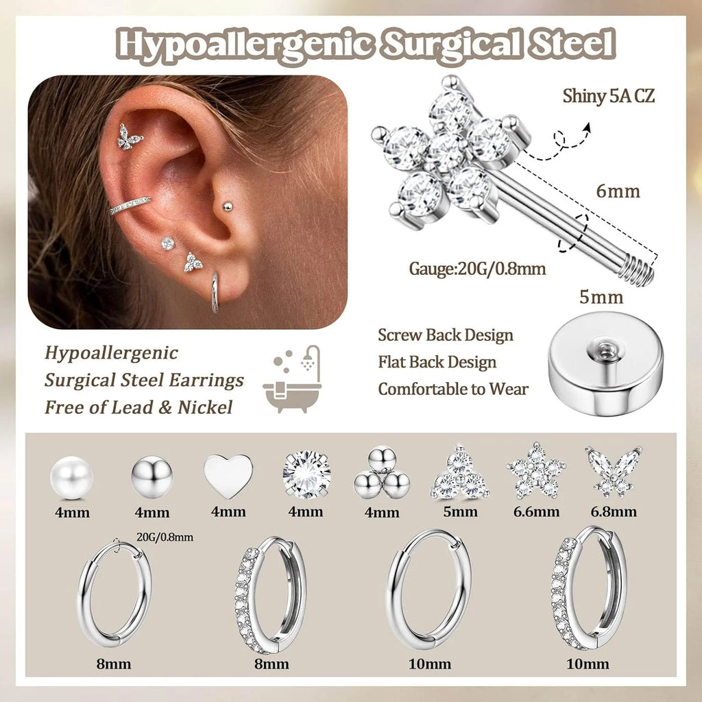 Hypoallergenic Silver Stud Hoop Earrings for Women Men Surgical Stainless Steel Flat Back Earrings Small Silver Cartilage Earring Set for Multiple Piercing Jewelry Gifts for Women