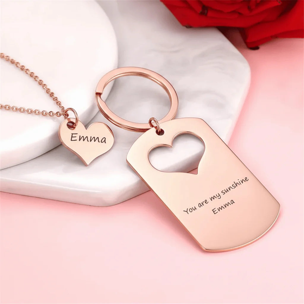 Custom Engraved Mother Daughter Keychain and Necklace Set