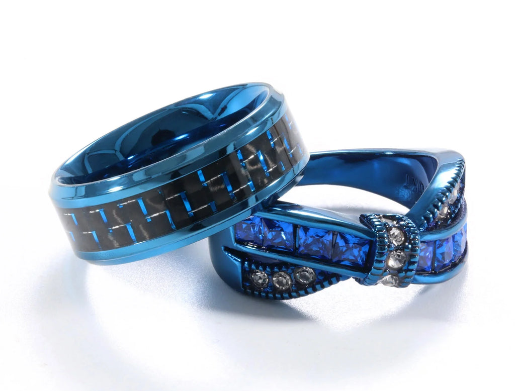 2 Blue Matching Rings Couple Ring 1CT AAA CZ Women Wedding Ring Female Ring