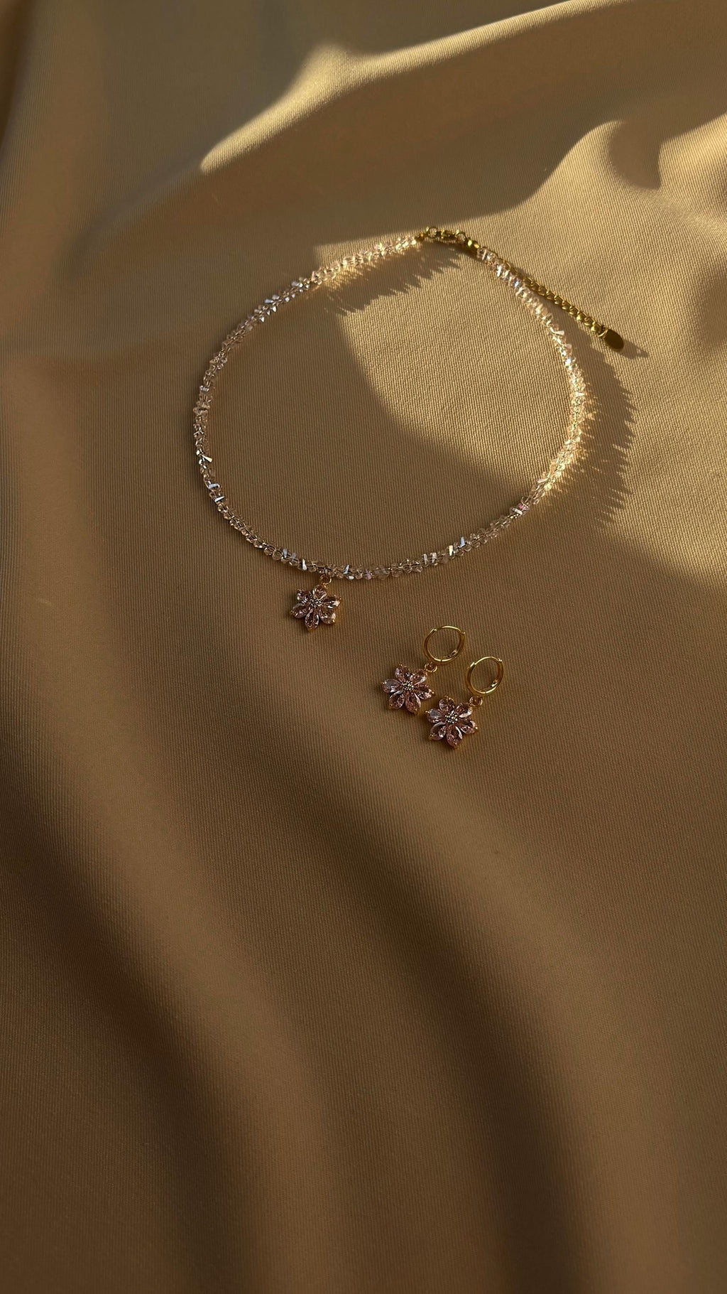 Dainty Pink Flower Pendant Crystal Choker Necklace, Dangle Flower Hoop Earrings Gold 18K Plated, Floral Jewelry Set, Gift for Daughter