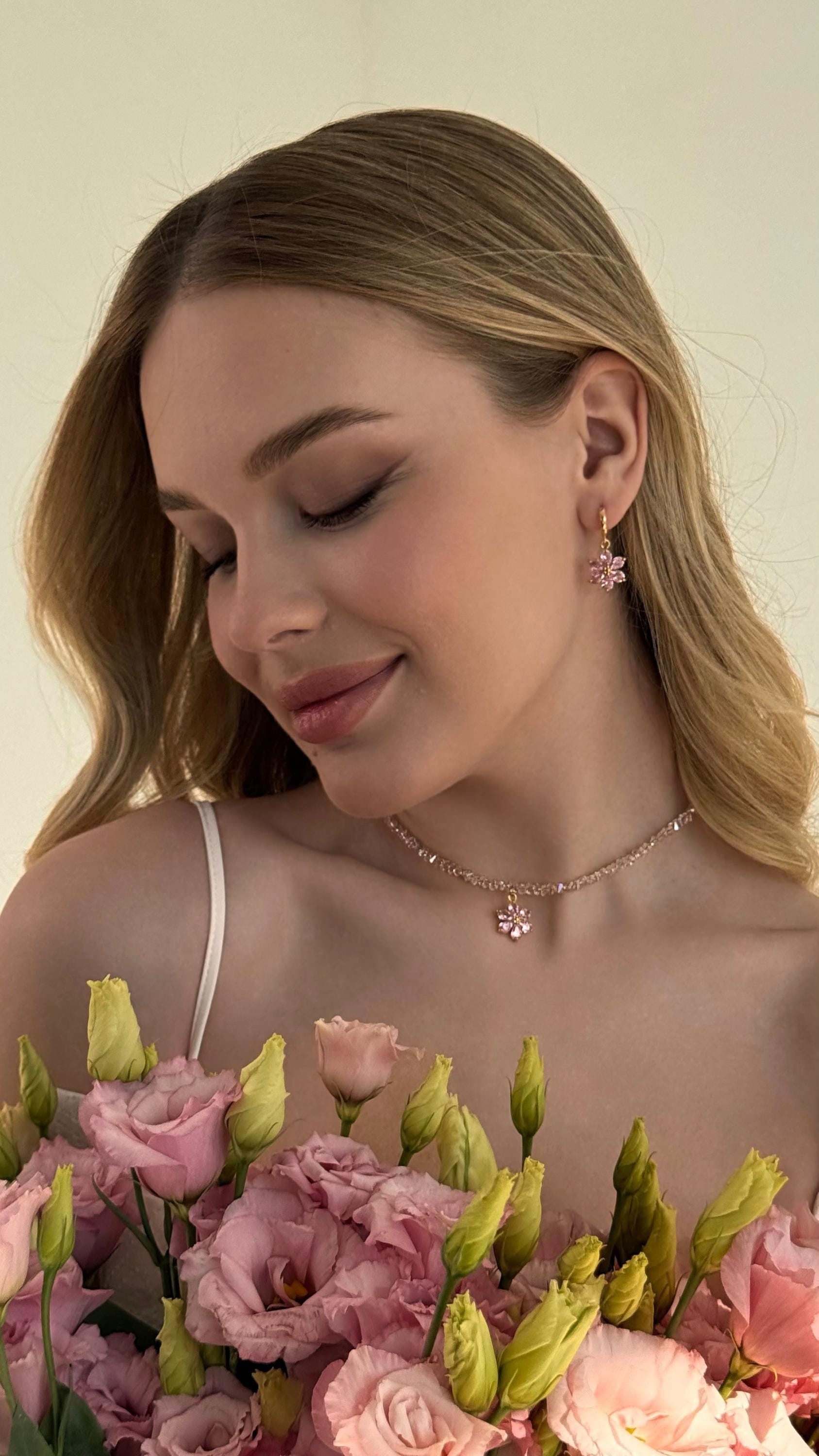 Dainty Pink Flower Pendant Crystal Choker Necklace, Dangle Flower Hoop Earrings Gold 18K Plated, Floral Jewelry Set, Gift for Daughter