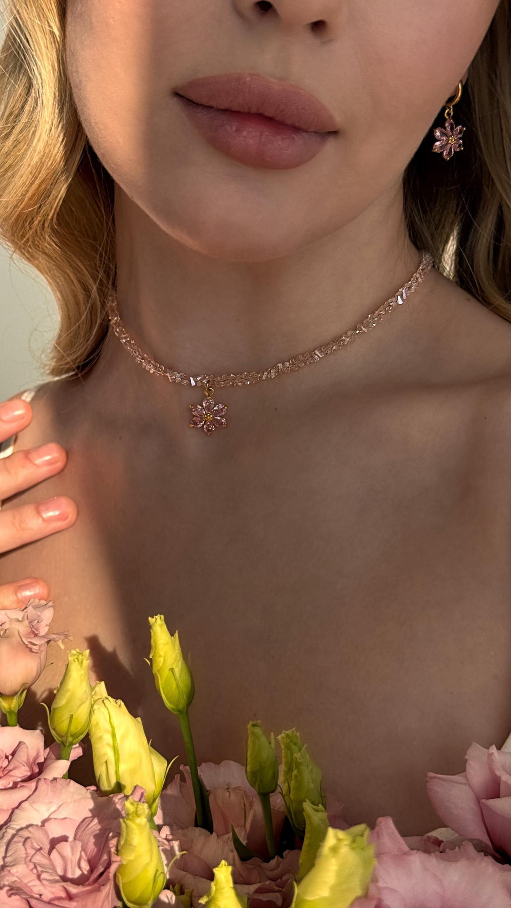 Dainty Pink Flower Pendant Crystal Choker Necklace, Dangle Flower Hoop Earrings Gold 18K Plated, Floral Jewelry Set, Gift for Daughter