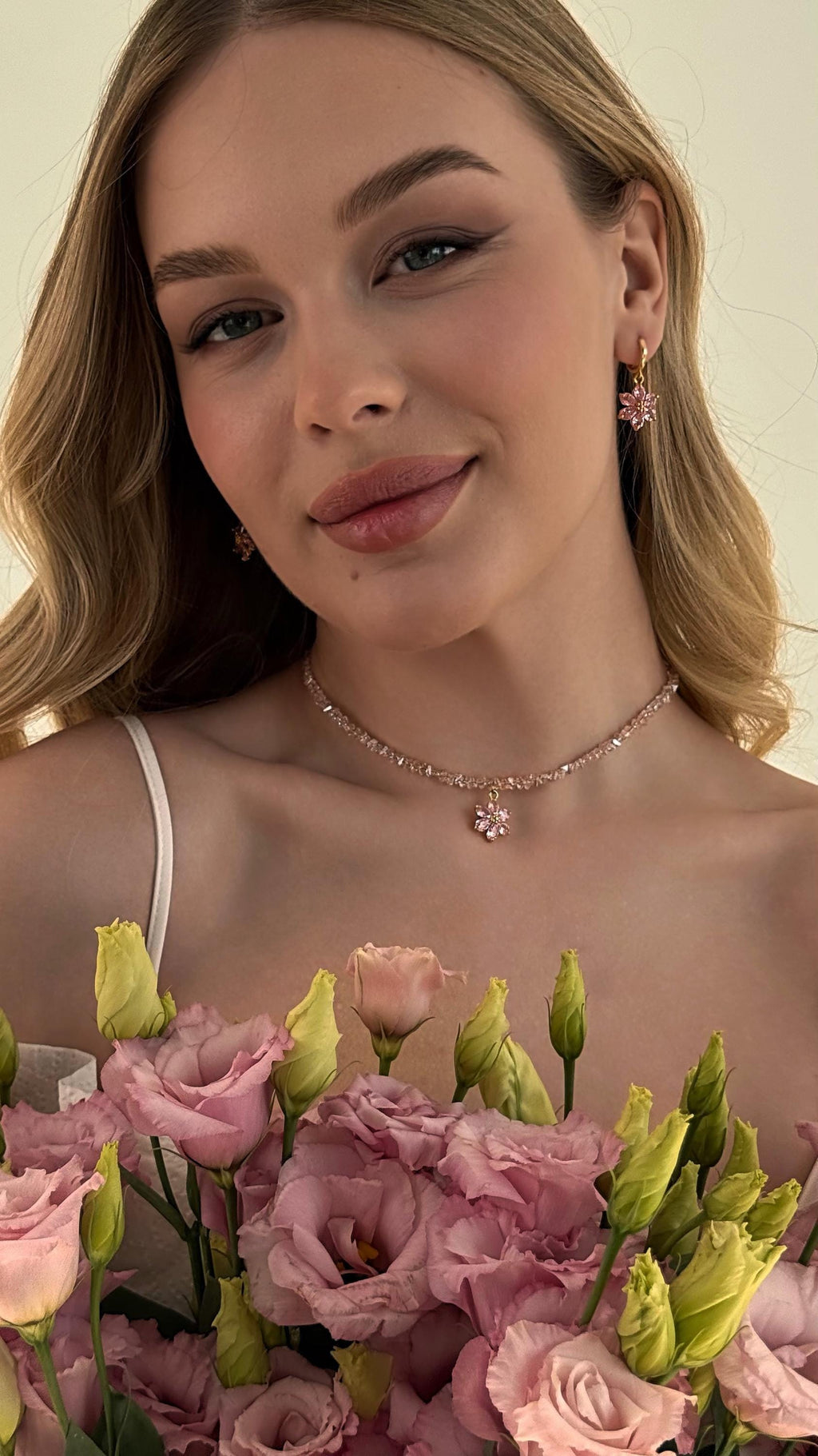 Dainty Pink Flower Pendant Crystal Choker Necklace, Dangle Flower Hoop Earrings Gold 18K Plated, Floral Jewelry Set, Gift for Daughter