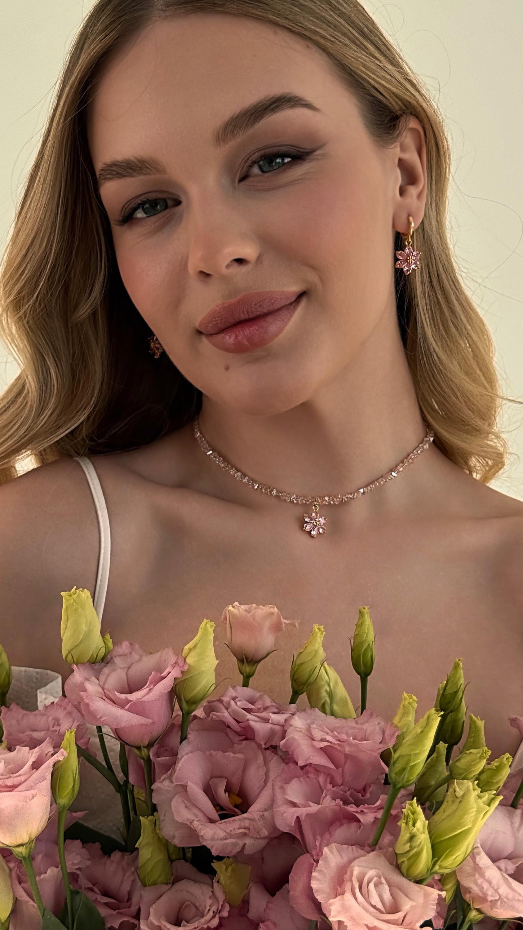 Dainty Pink Flower Pendant Crystal Choker Necklace, Dangle Flower Hoop Earrings Gold 18K Plated, Floral Jewelry Set, Gift for Daughter