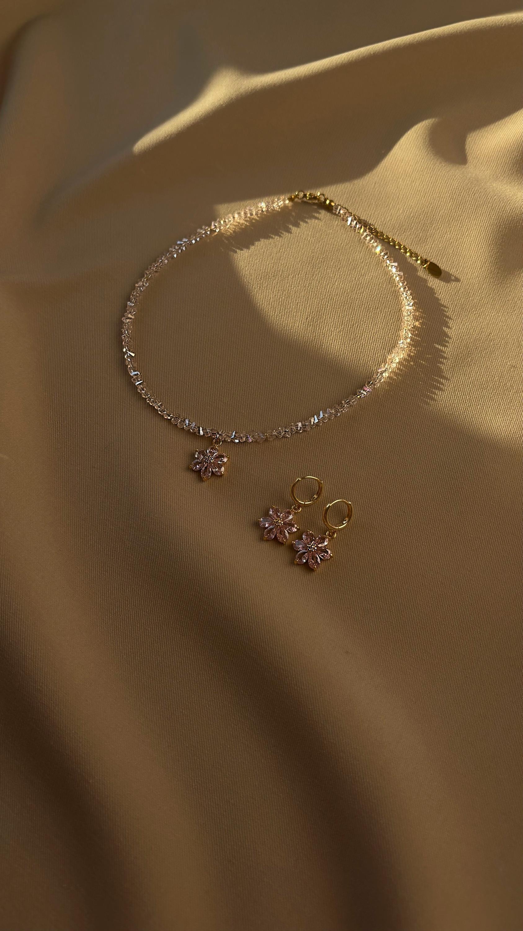 Dainty Pink Flower Pendant Crystal Choker Necklace, Dangle Flower Hoop Earrings Gold 18K Plated, Floral Jewelry Set, Gift for Daughter